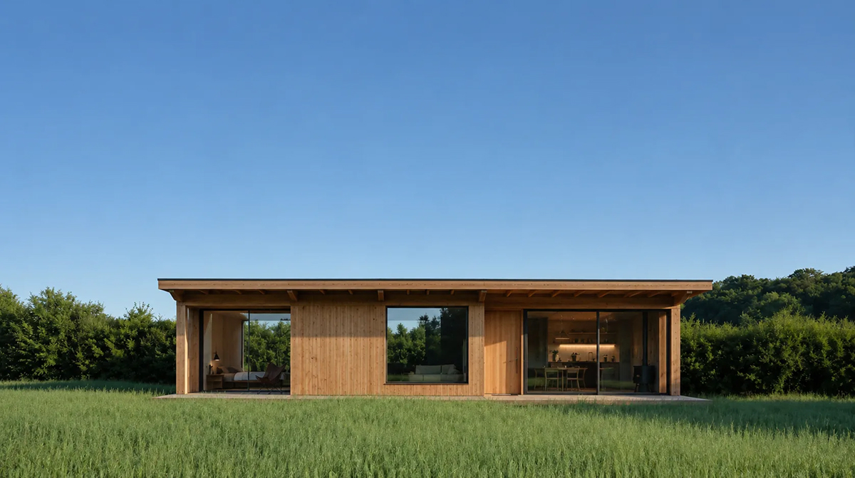 Architect-designed timber home with large windows opening to the landscape
